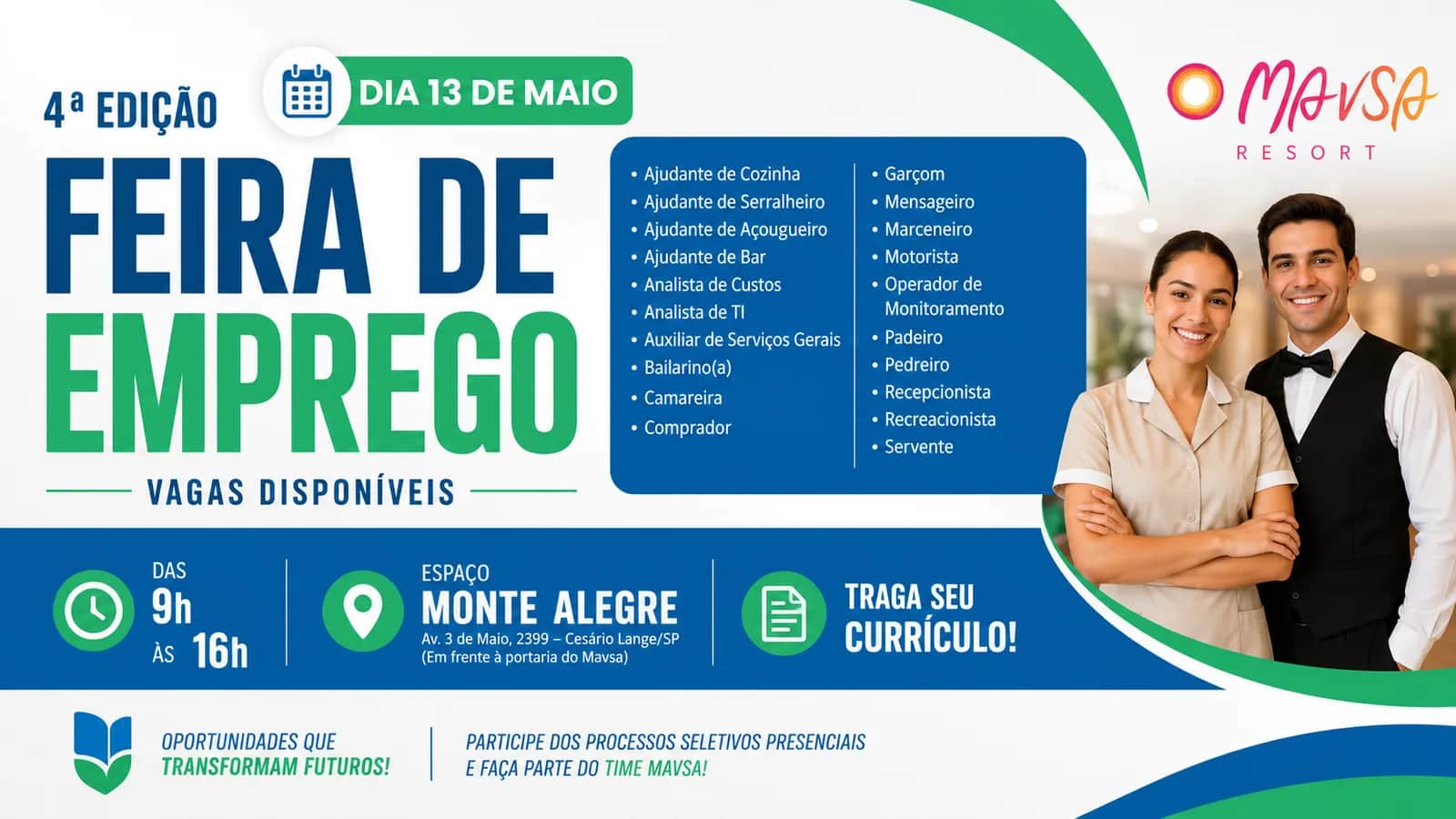 Feira de Emprego do Mavsa Resort acontece em Cesário Lange com diversas vagas ab - Empregos em Cesário Lange