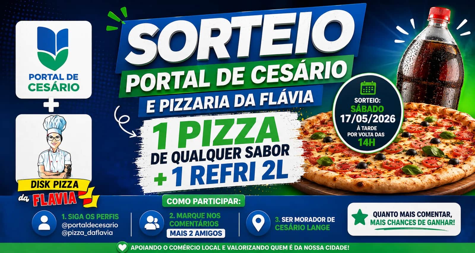 Portal de Cesário e Pizzaria da Flávia lançam sorteio de pizza em Cesário Lange - Cultura em Cesário Lange
