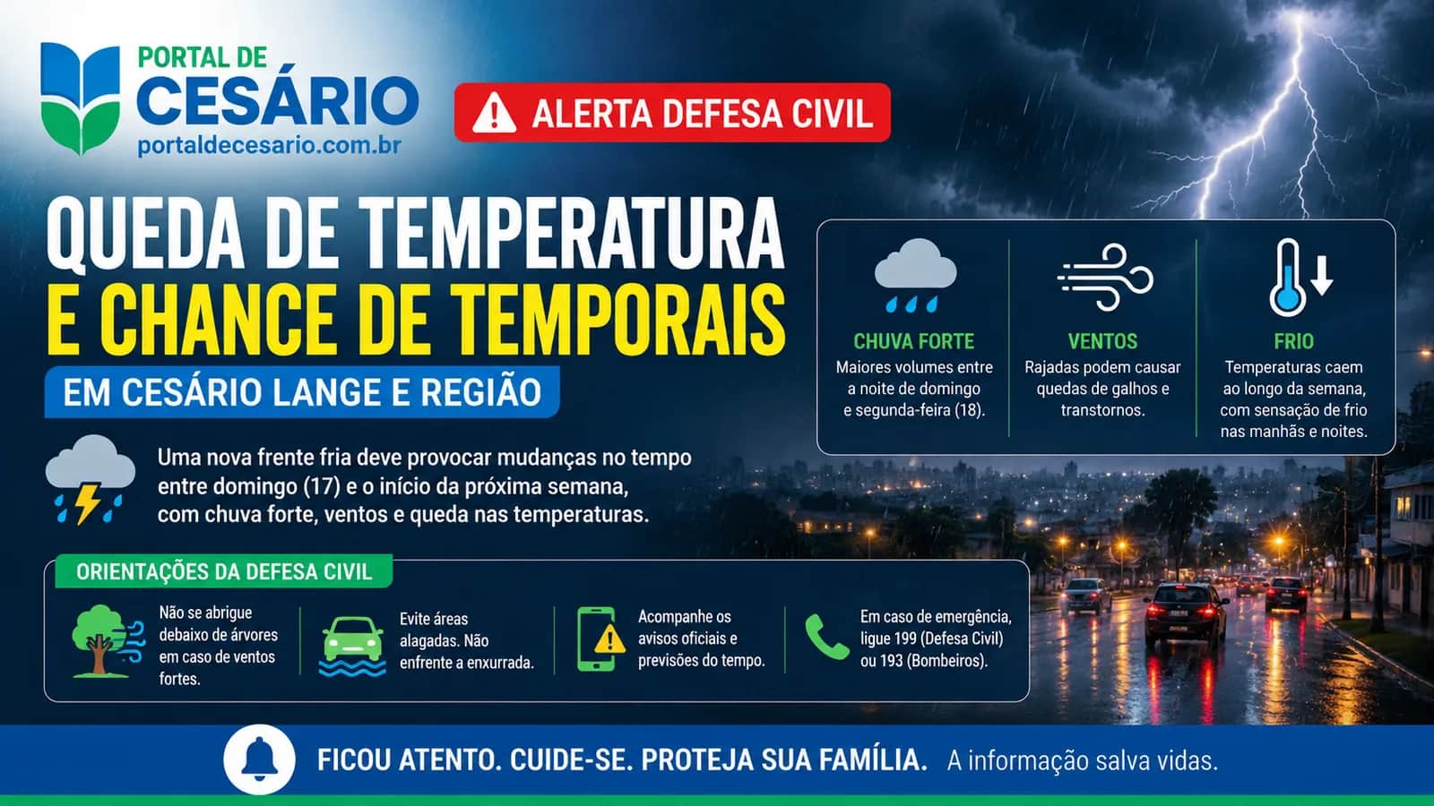 Defesa Civil alerta para queda de temperatura e risco de temporais em Cesário La - Cidade em Cesário Lange