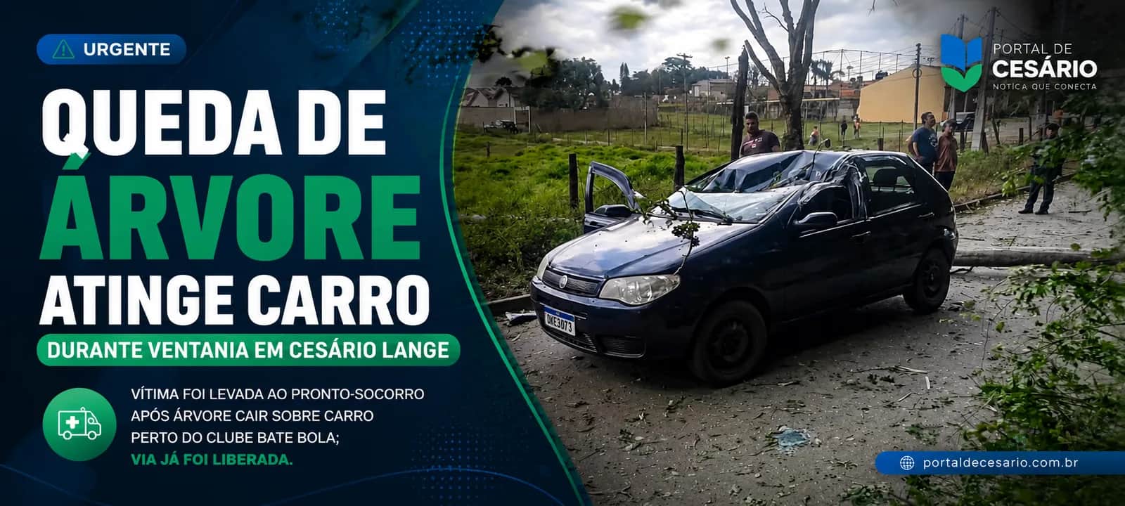 Queda de árvore atinge carro durante ventania em Cesário Lange - Cidade em Cesário Lange