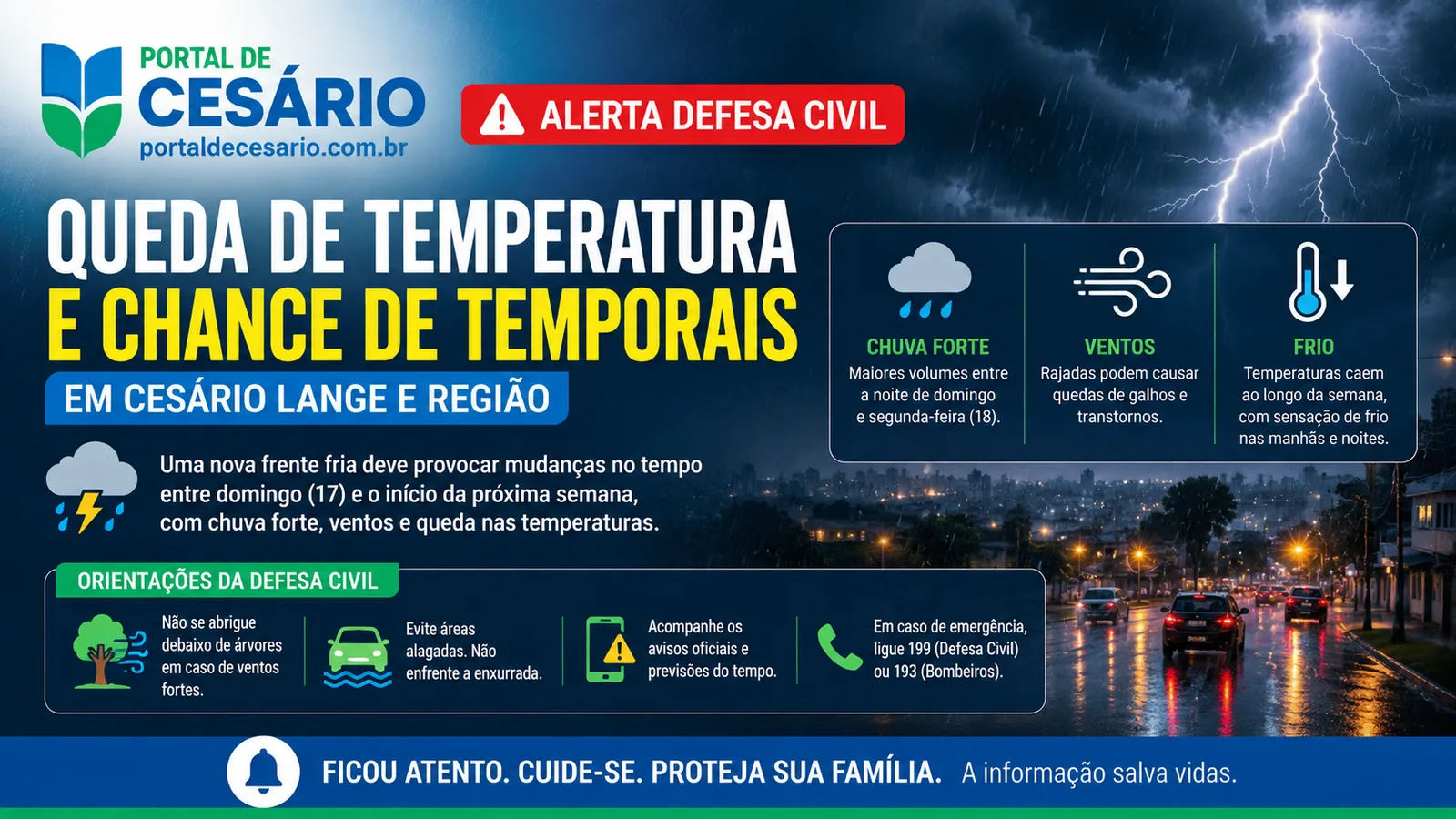 Defesa Civil alerta para queda de temperatura e risco de temporais em Cesário La - Cidade em Cesário Lange