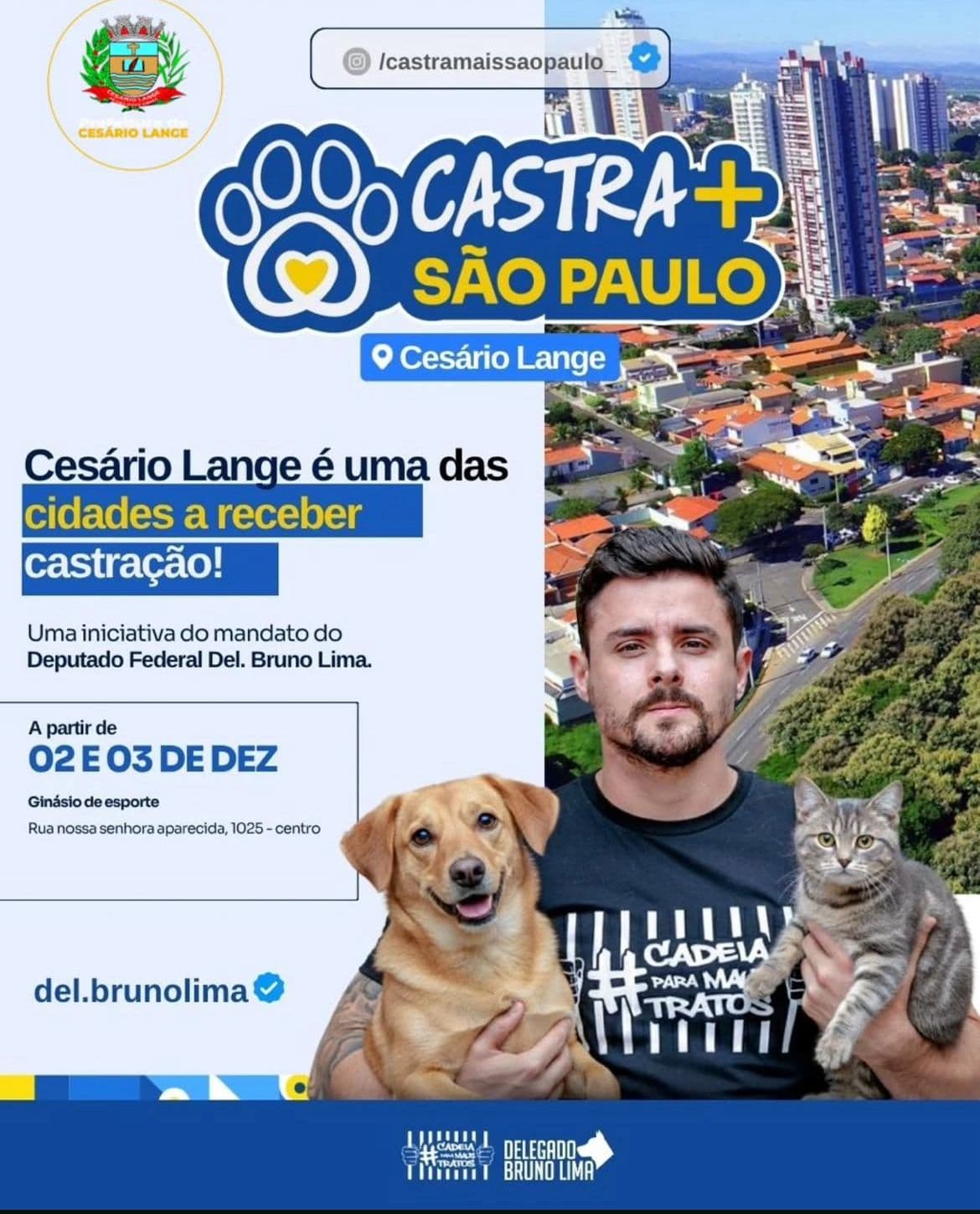 Castra+ São Paulo chega a Cesário Lange com mutirão de castração gratuita para cães e gatos