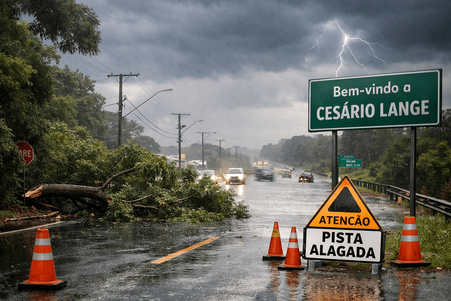Fortes chuvas causam queda de árvores e alagamentos e afetam Cesário Lange e região