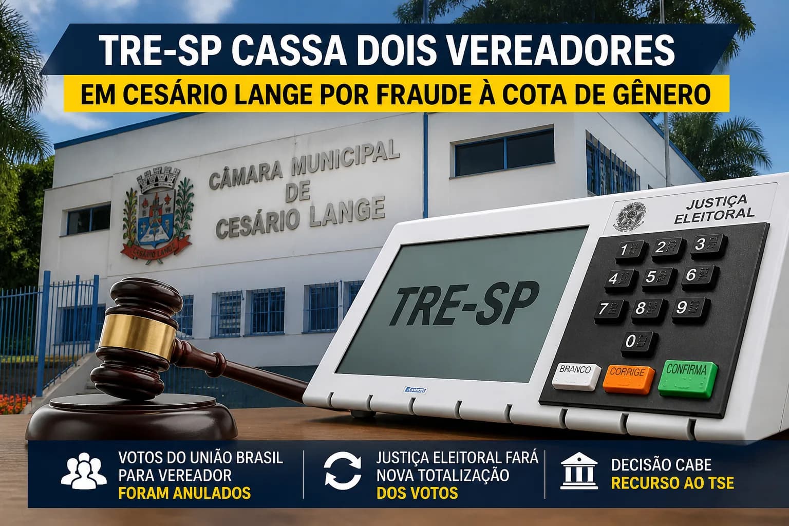 TRE-SP cassa mandatos de dois vereadores de Cesário Lange por decisão sobre cota de gênero