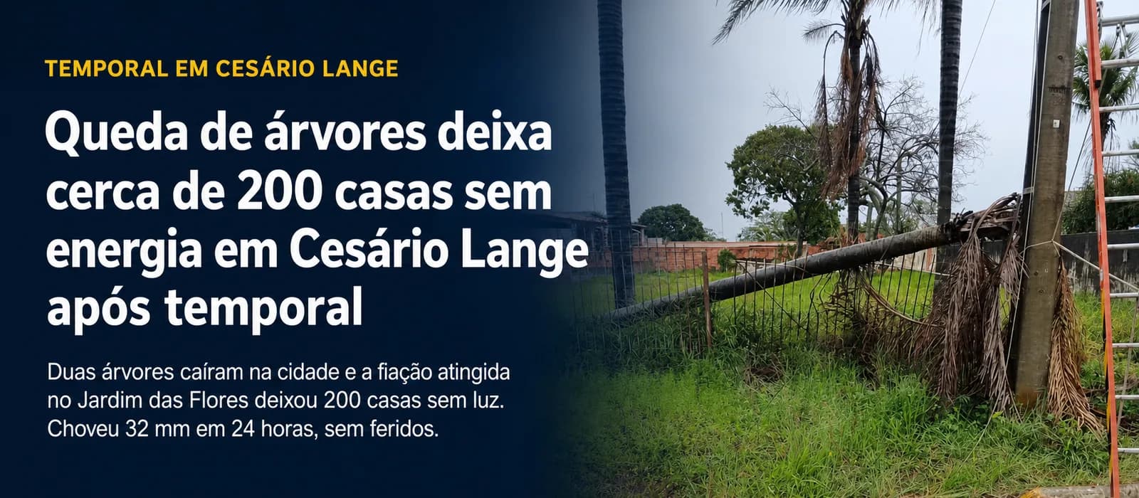 Queda de árvores deixa cerca de 200 casas sem energia em Cesário Lange após temporal