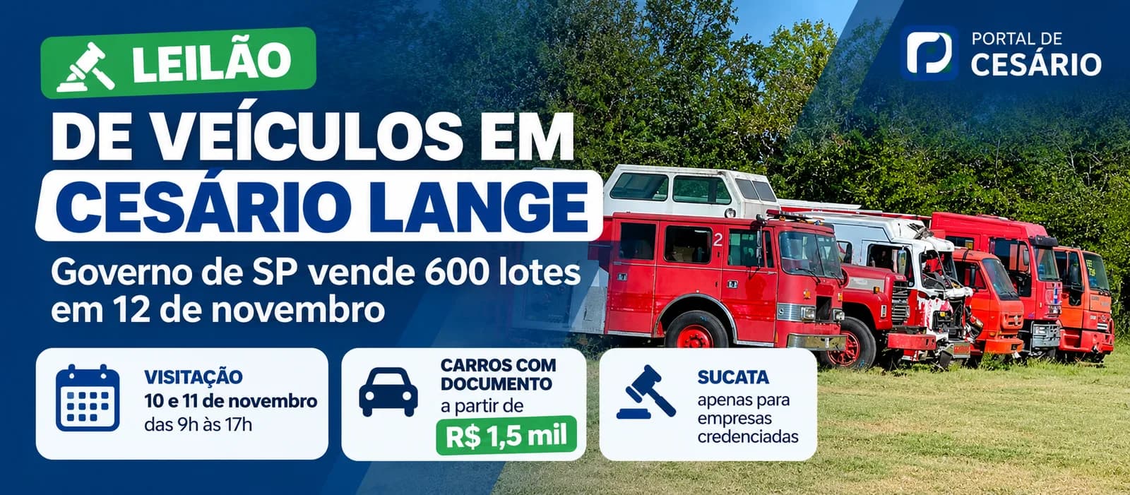 Leilão de veículos em Cesário Lange: Governo de SP vende 600 lotes em 12 de novembro; visita é nos dias 10 e 11