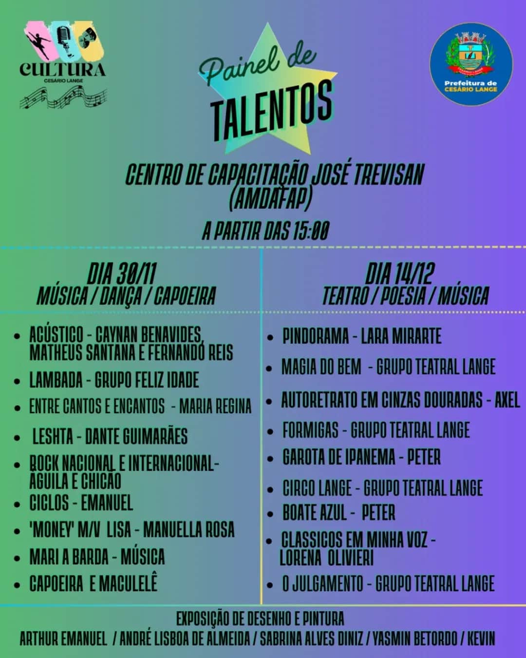 Painel de Talentos estreia em Cesário Lange e celebra a força da arte local nos - Cultura em Cesário Lange