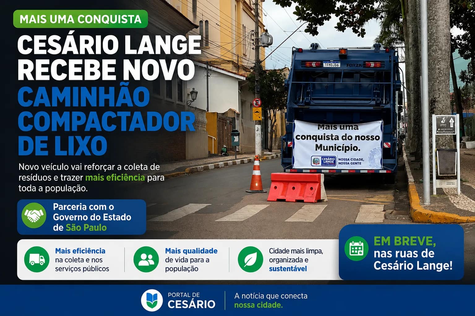 Cesário Lange recebe novo caminhão compactador de lixo em parceria com o Governo - Cidade em Cesário Lange