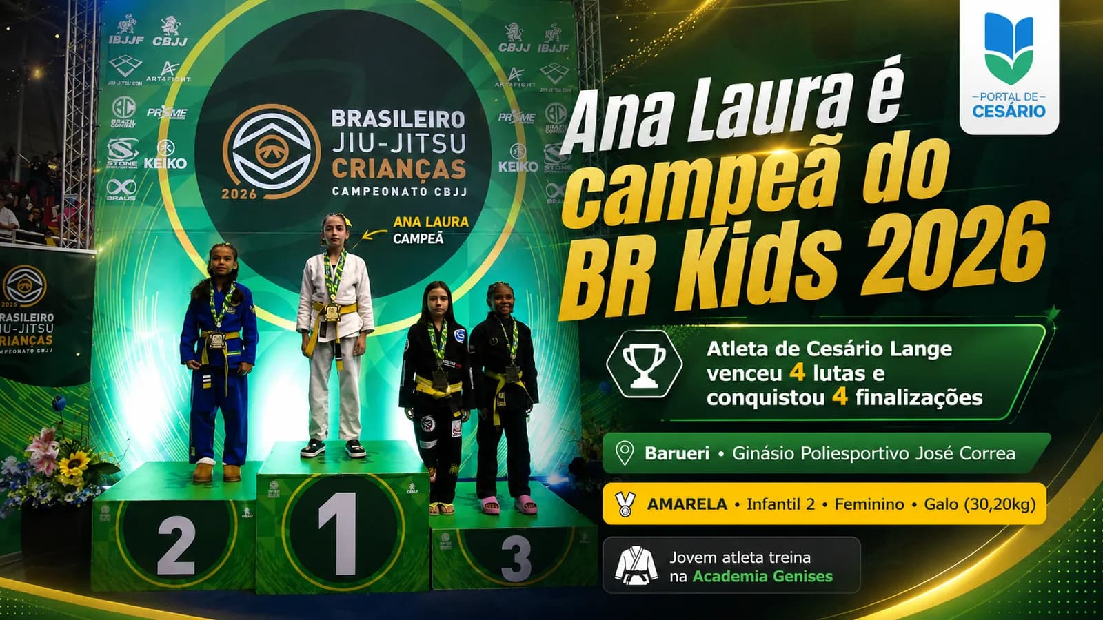 Ana Laura Leite de Miranda, de Cesário Lange, é campeã do BR Kids 2026 de Jiu-Jitsu