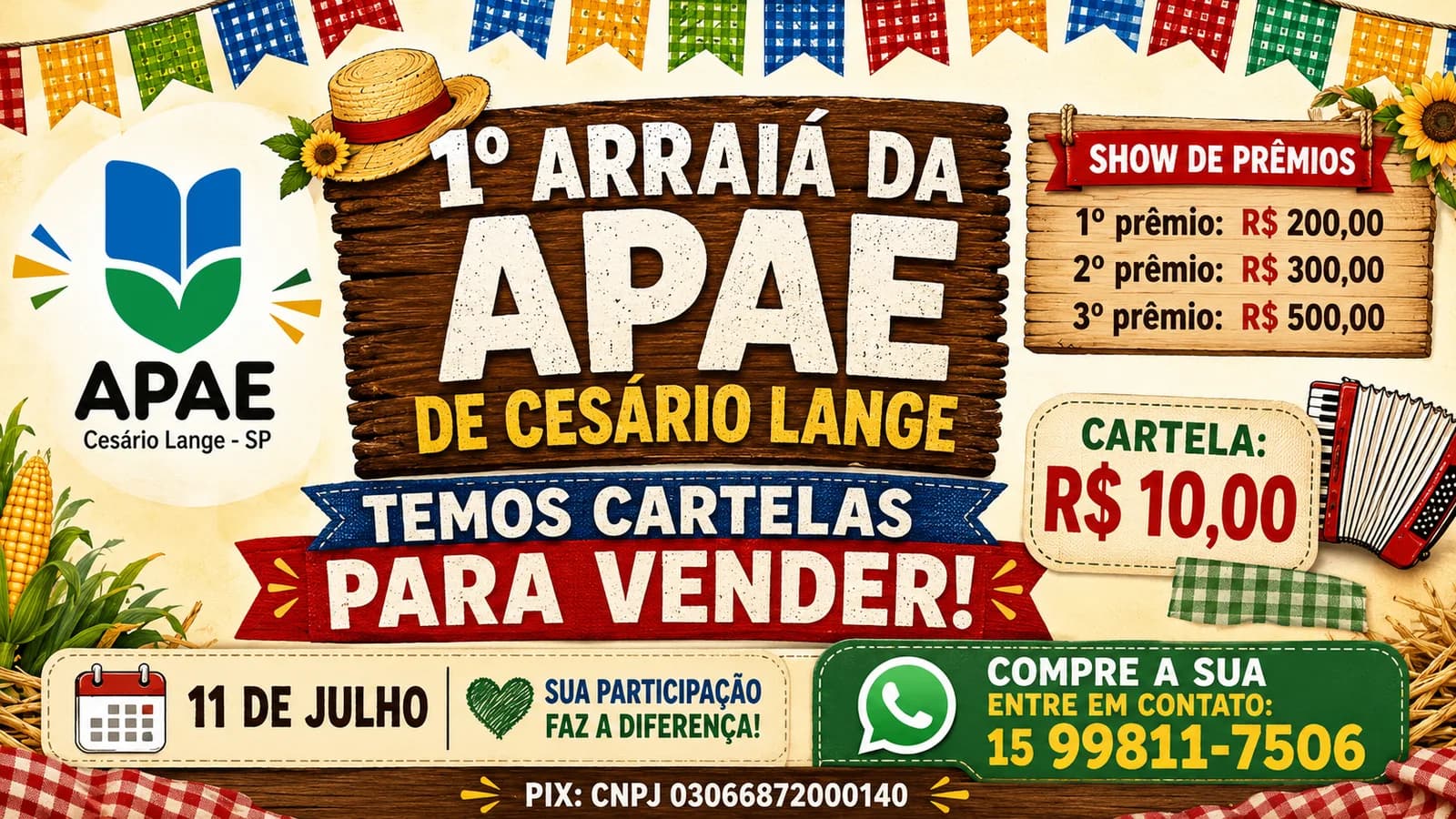 1º Arraiá da APAE de Cesário Lange acontece no dia 11 de julho com show, prêmios e programação para toda a família