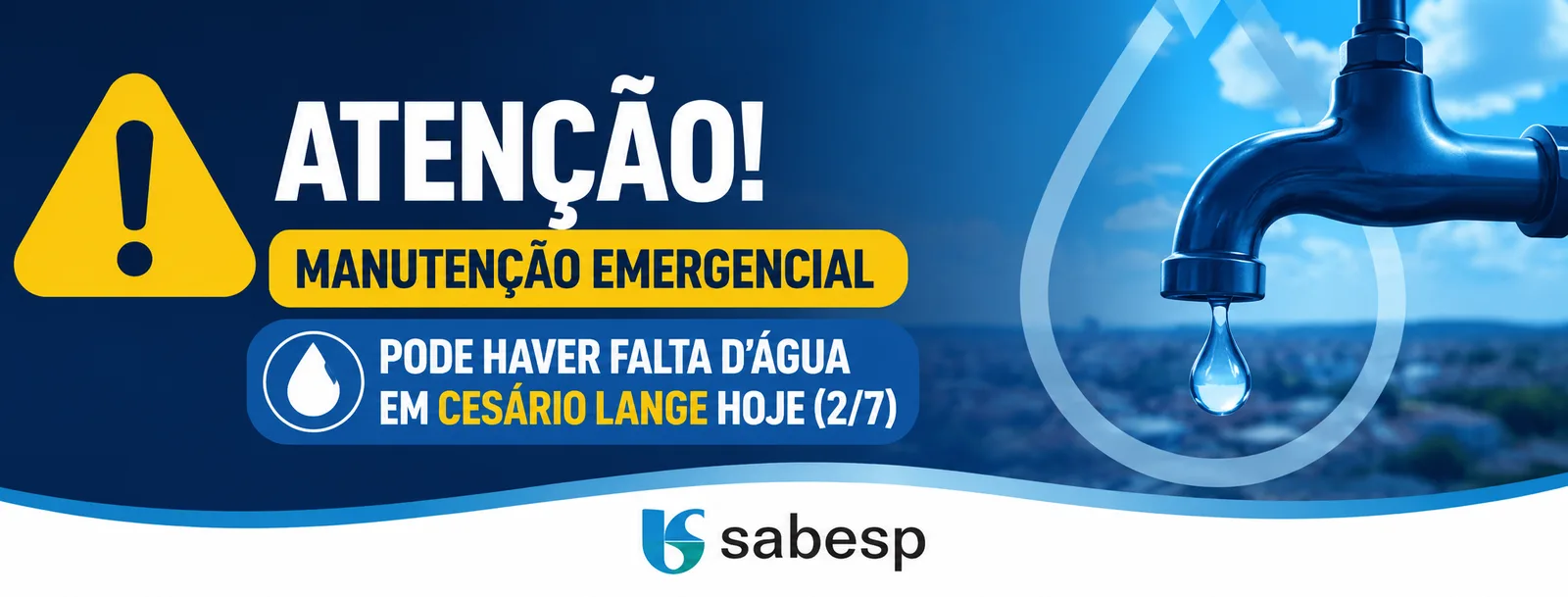 Sabesp faz manutenção emergencial na rede de água em Cesário Lange nesta quinta-feira (2/7)