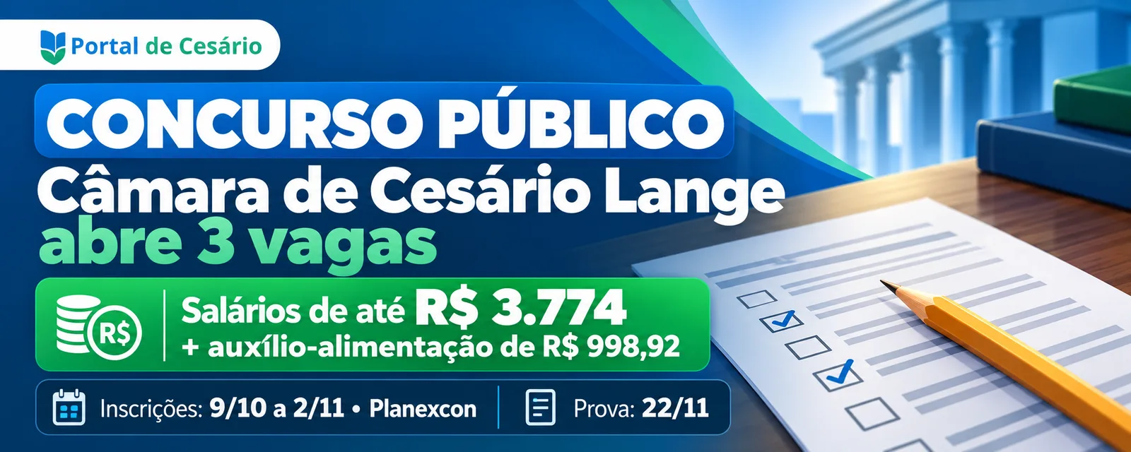 Câmara de Cesário Lange abre concurso com 3 vagas e salários de até R$ 3.774; in - Economia em Cesário Lange