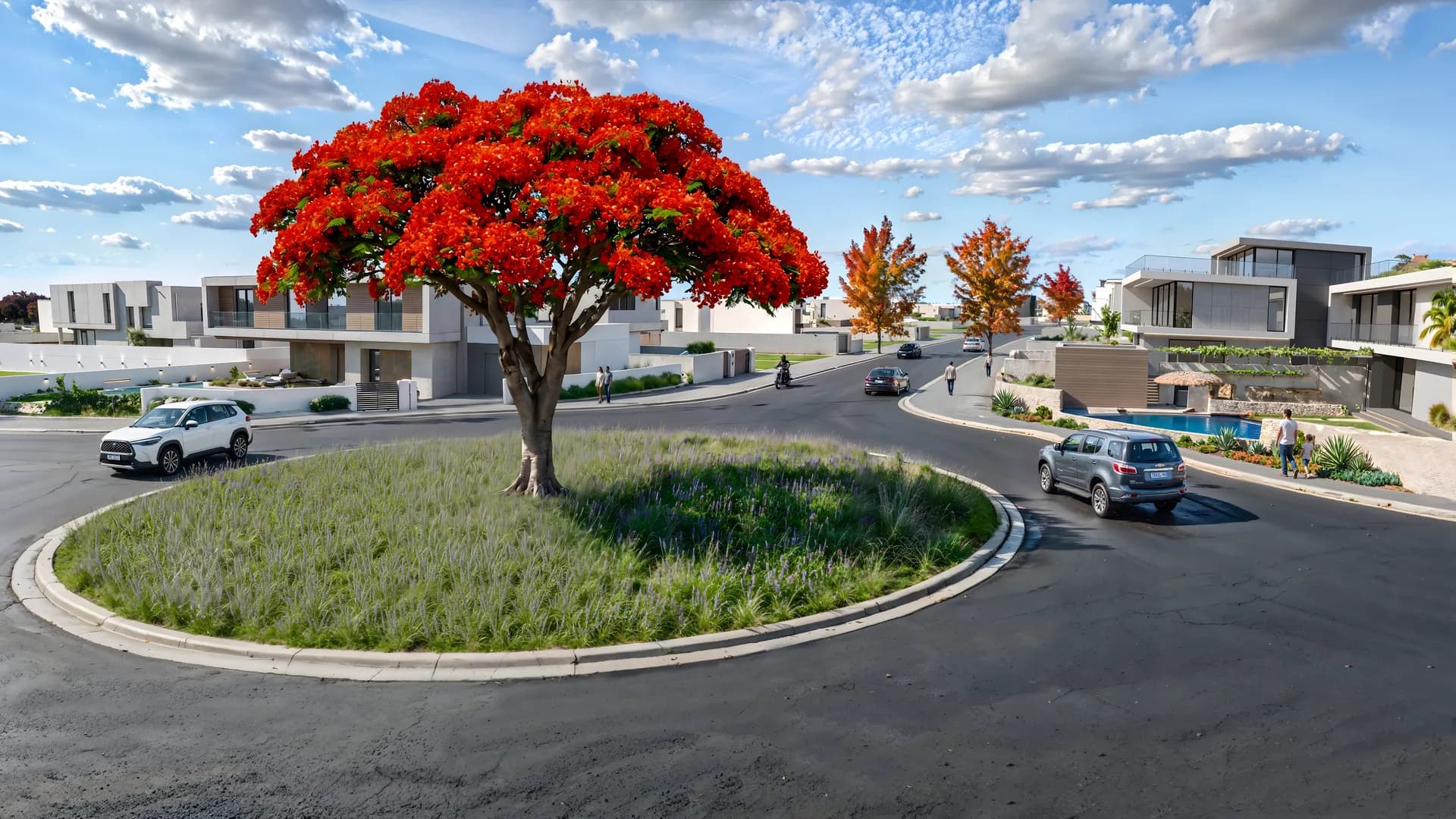 Perspectiva ilustrativa de uma alameda do Villa Flamboyant, com flamboyant florido em uma rotatória e casas ao fundo