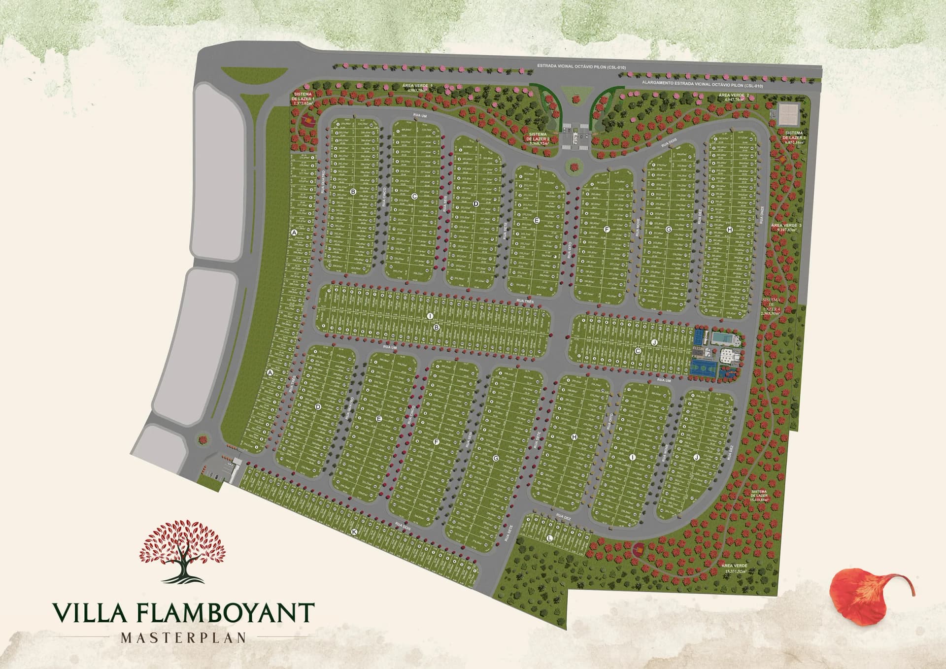 Masterplan ilustrado do Villa Flamboyant, mostrando a distribuição das quadras de lotes, o clube e as áreas verdes