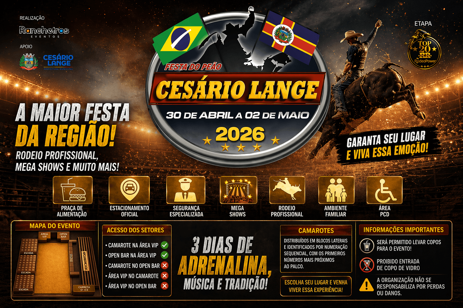 Festa do Peão de Cesário Lange 2026 promete movimentar a cidade com rodeio profissional, shows e estrutura completa